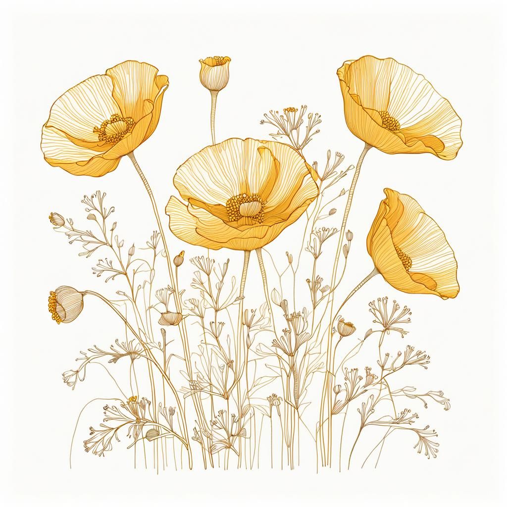 Golden California Poppies: Delicate Line Art Illustration