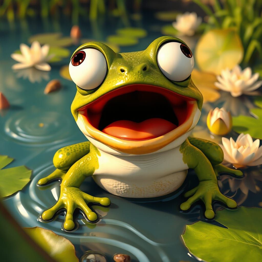 Cartoon Frog with Googly Eyes in Golden Hour