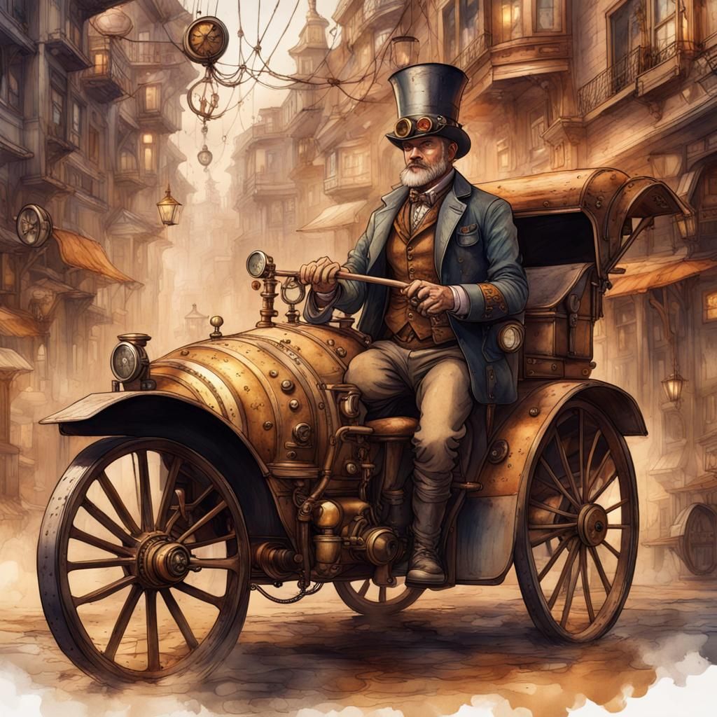 Steampunk Driver in Watercolor and Ink