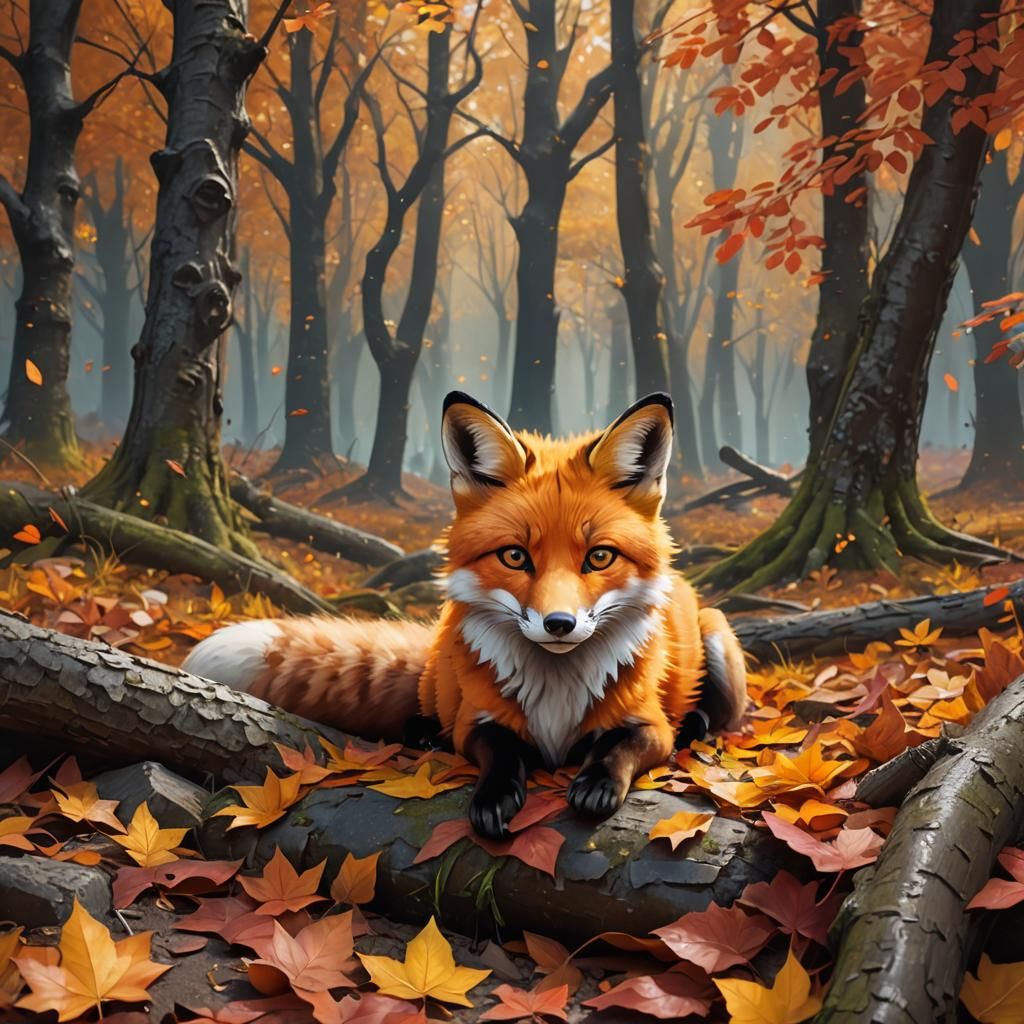 Fluffy Fox in Autumn Leaves: Matte Painting