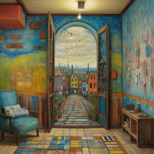 Encaustic Painting of a Textured Primitive Scene