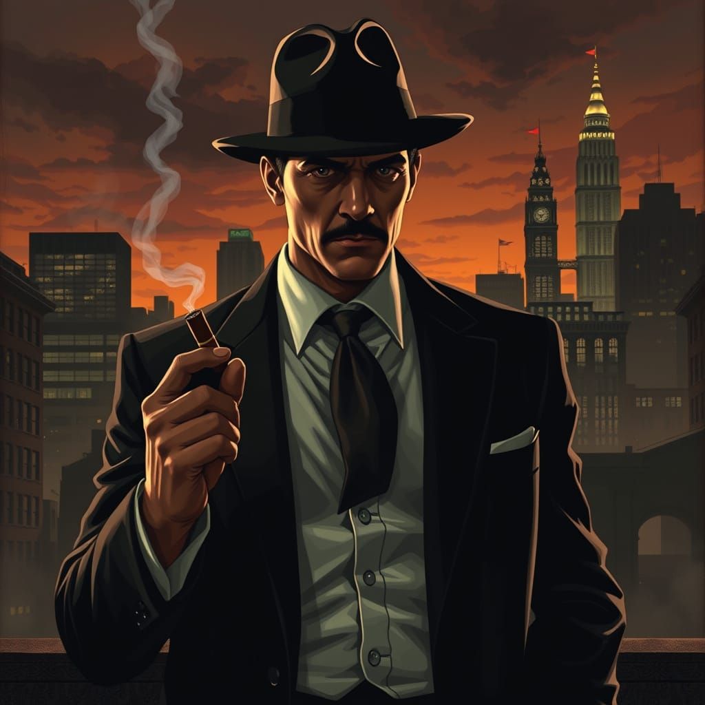 Noir Gangster in Cityscape at Dusk