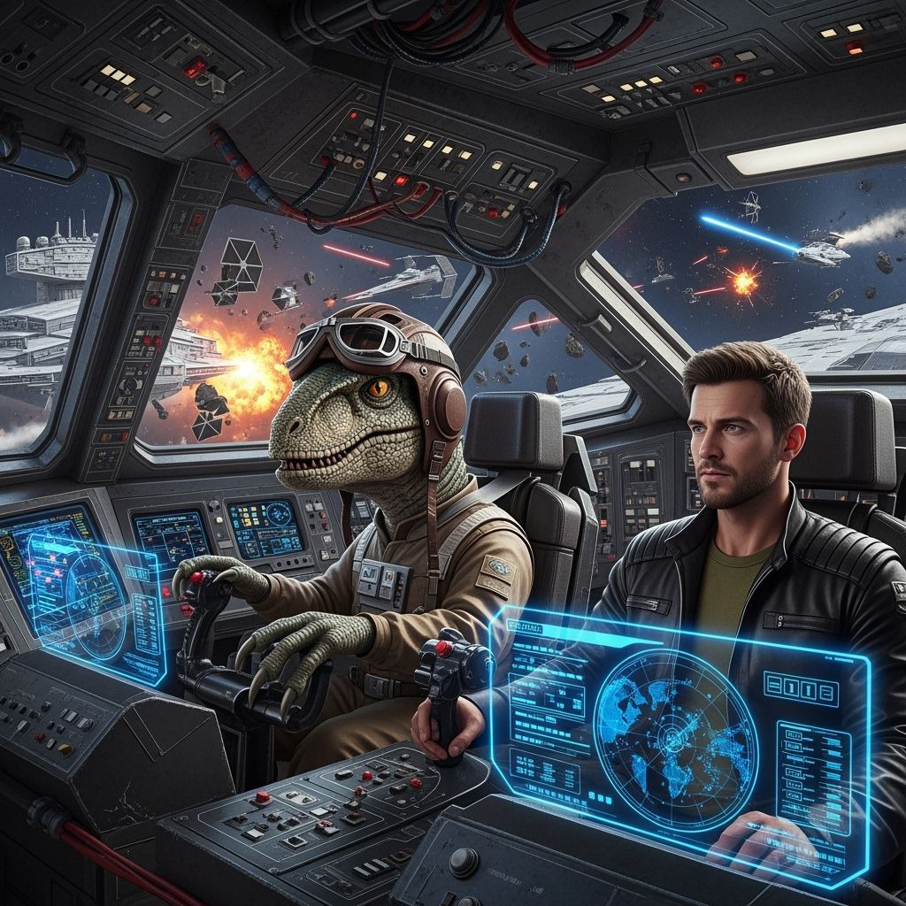 Dinosaur Pilot Navigating Space Battle in Sci-Fi Style