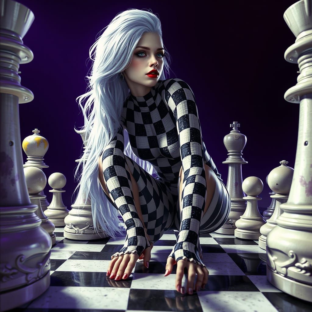 A surreal and androgynous female figure with bright blood red lipstick and long white hair intricately styled in an eleg...