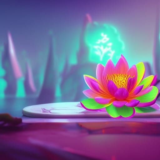 Glowing Neon Lotus Flower on Teal Table