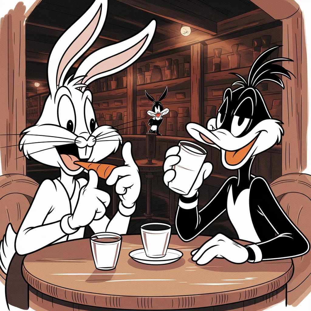 Intricately Detailed Ink Drawing of Bugs Bunny and Friends i...