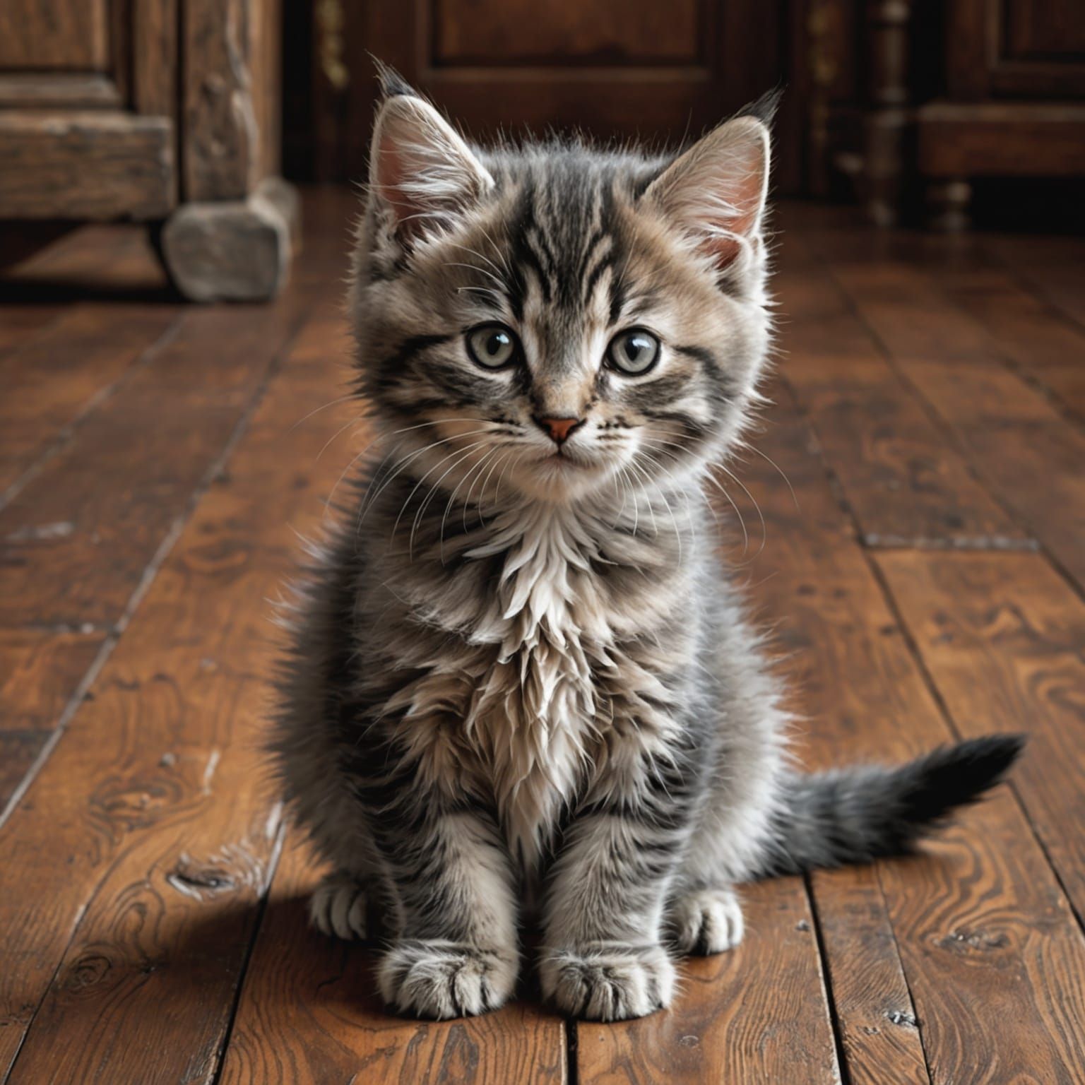 Fluffy Gray Kitten on Wooden Floor, Classical Painting