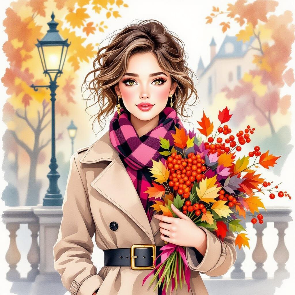 Young Woman With Rowan Bouquet In Autumn Watercolor Style