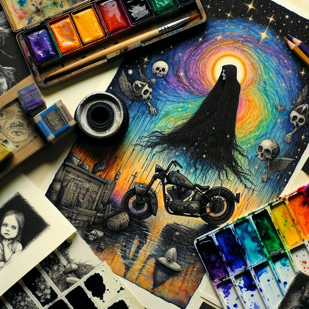 Santa Muerte Rides: Watercolor and Ink Starry Night