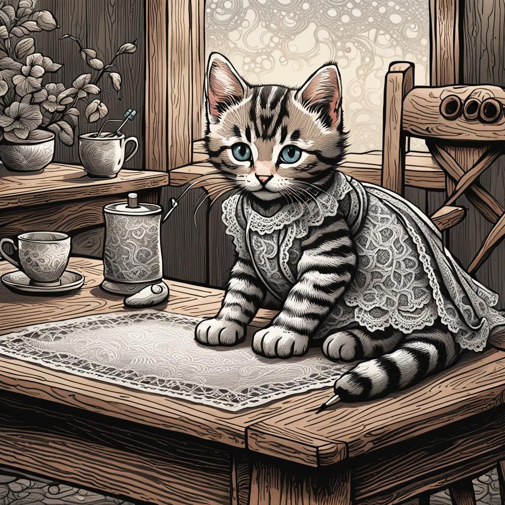 Kitten Lace Maker: Tenniel-Style Black and White Drawing