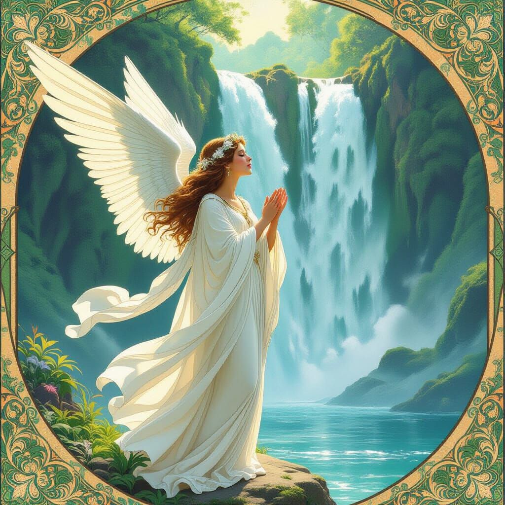 Angel Singing at Waterfall in Art Nouveau Style