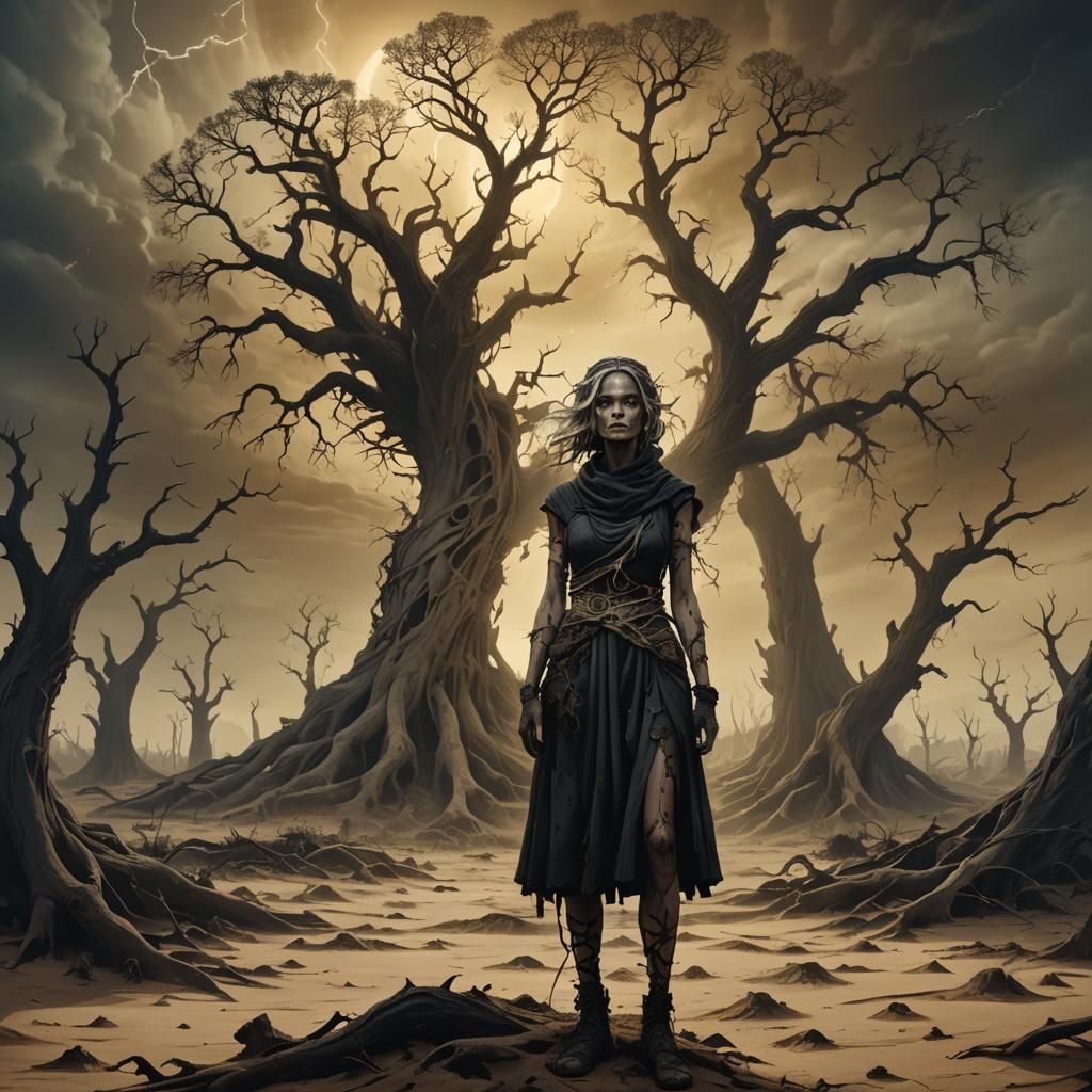 Eerie Sandgirl in Abandoned Landscape: Dark Fantasy Art
