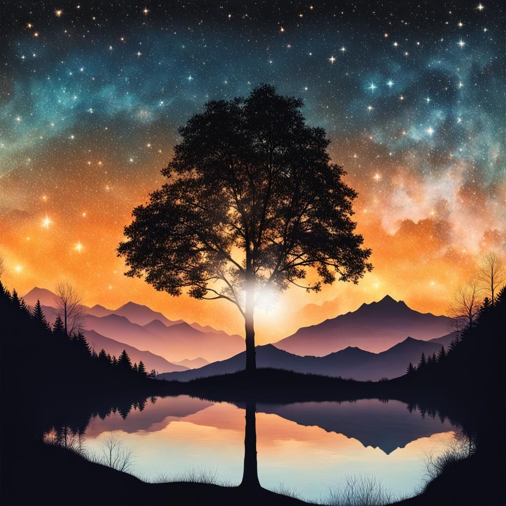 Sunset Stars and Maple Tree Double Exposure