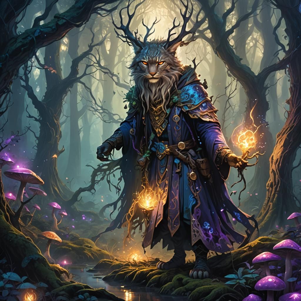 Lynx Wizard in Misty Forest Fantasy Art