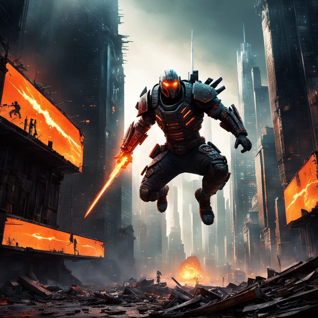 Mutant Assassin Leaps Across Ruined Cyberpunk City