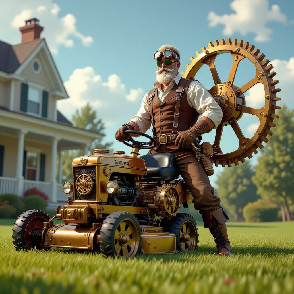 Steampunk Dad with Clockwork Lawnmower