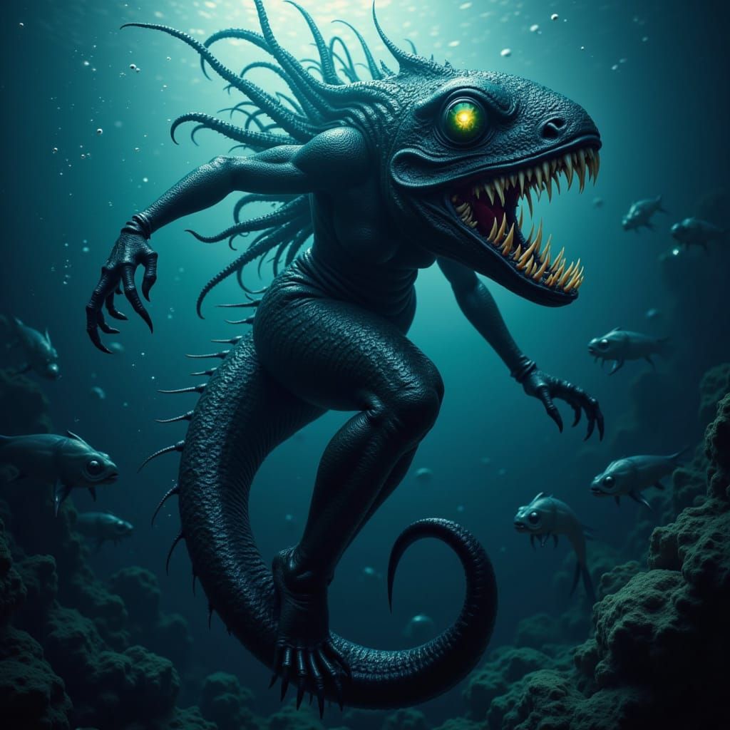 Terrifying Deep Sea Mermaid with Bioluminescent Hair