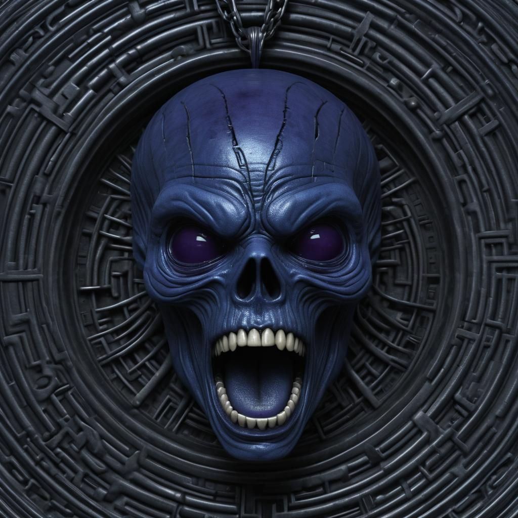 Transdimensional Terror: The Menacing Blue Alien with Piercing Purple Eyes in Macabre Detail