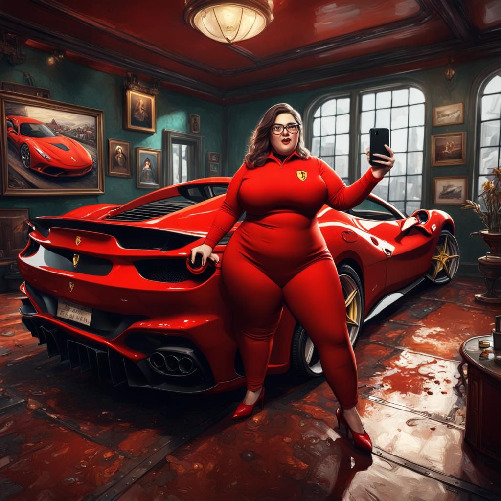 Girl in Ferrari Suit Selfie, Detailed Digital Art