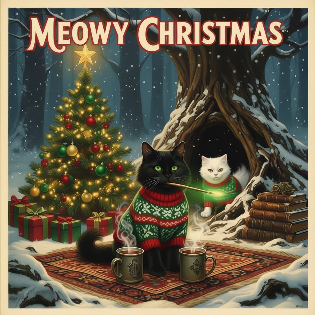 Magical Cats Celebrate Christmas in Snowy Forest