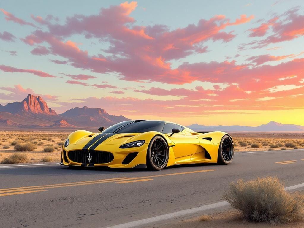 Lemon Maserati on Desert Highway at Sunset