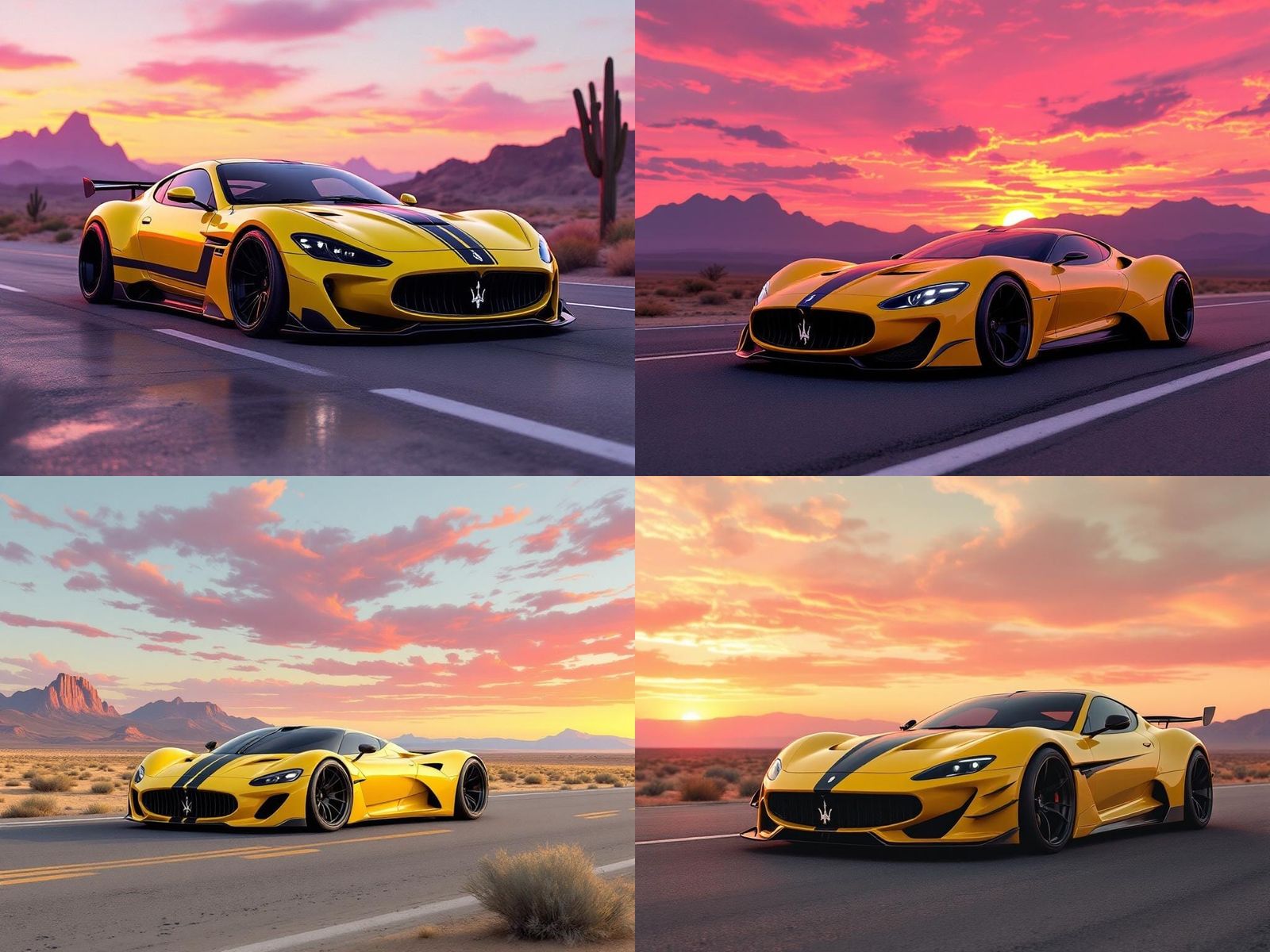 Desert Sunset: Lemon Yellow Maserati Sports Car