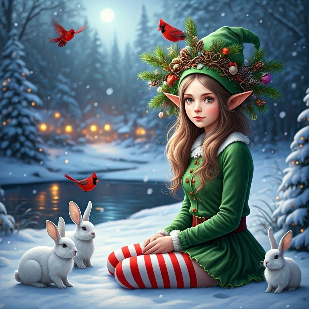 Ethereal Winter Elf in Whimsical Christmas Landscape