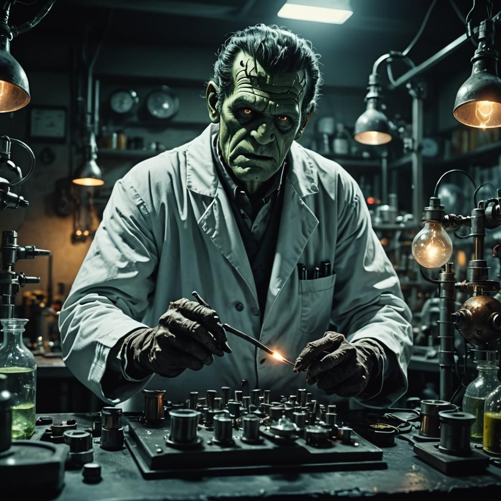 Mad Scientist and Frankenstein in Dark Lab