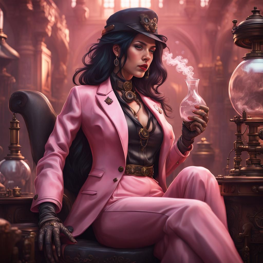 Woman in Pink Silk Suit Smoking, Detailed Digital Art