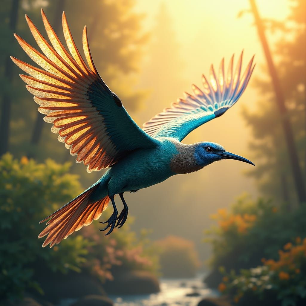 Majestic Bird in Flight with Iridescent Feathers