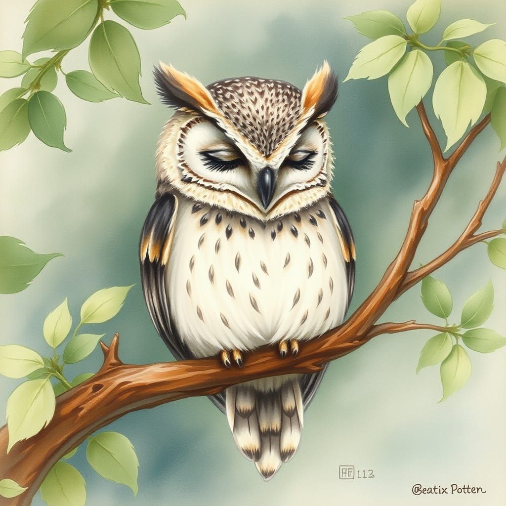 Sleeping Owl in Watercolor Illustration Style