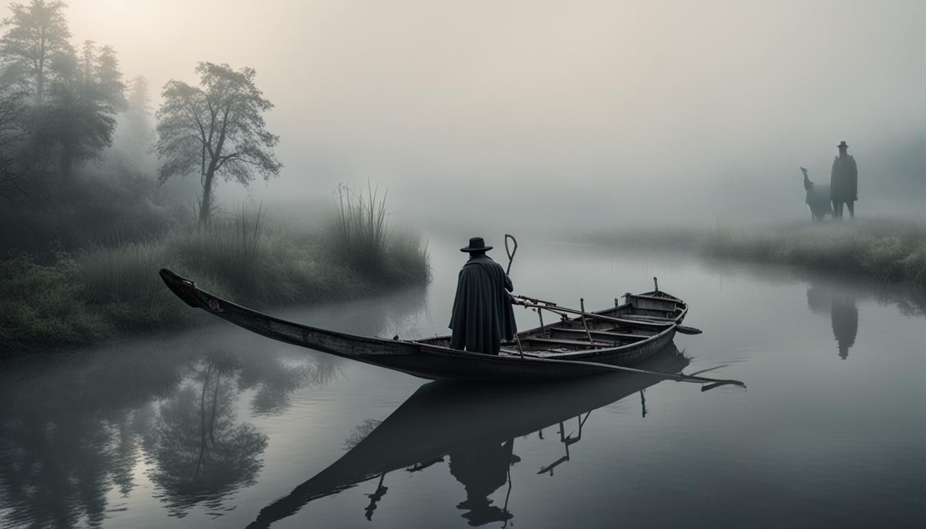 Ethereal River Scene with Ferryman in Fog