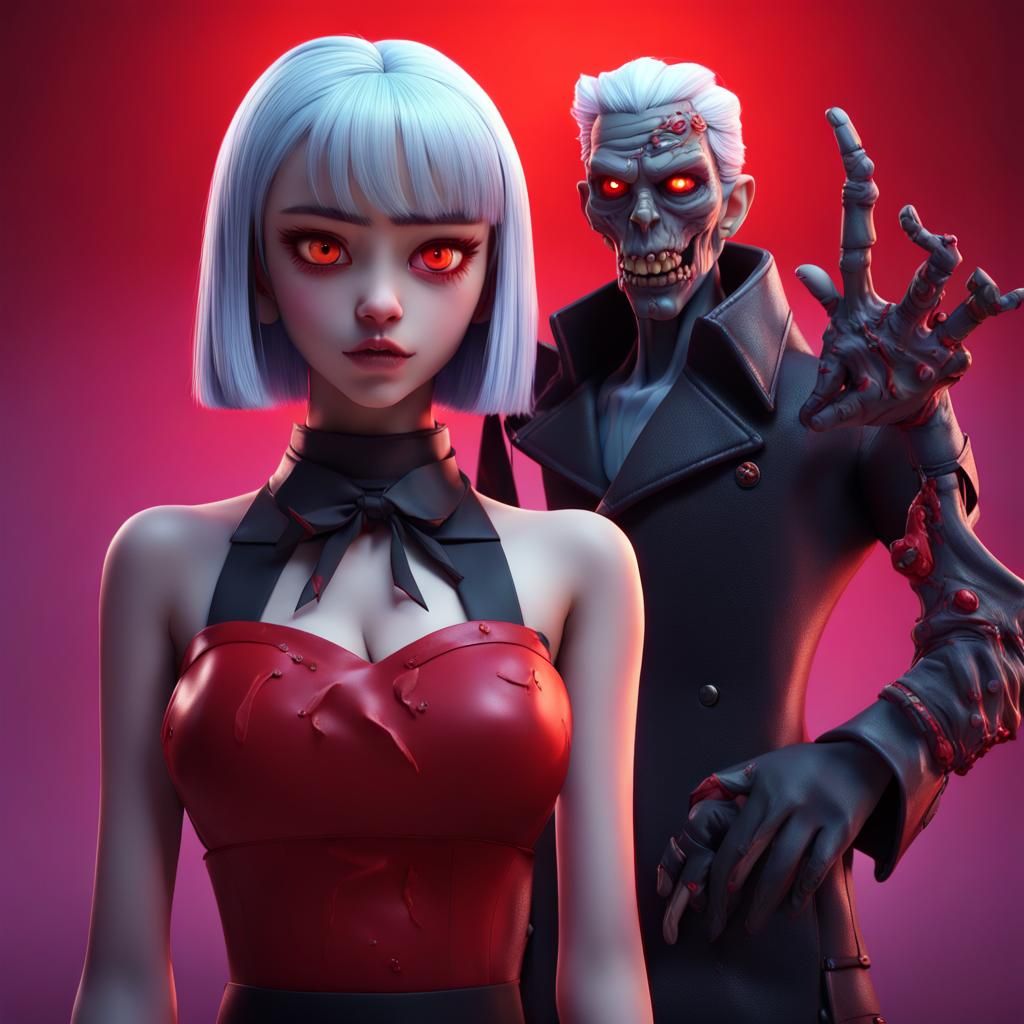Anime Villain Girl and Zombie in 3D Digital Art