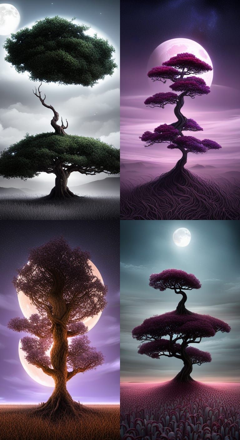 a tree that is in the middle of a field, cgsociety 9, dream scenery art, moon background, night background, beautiful di...