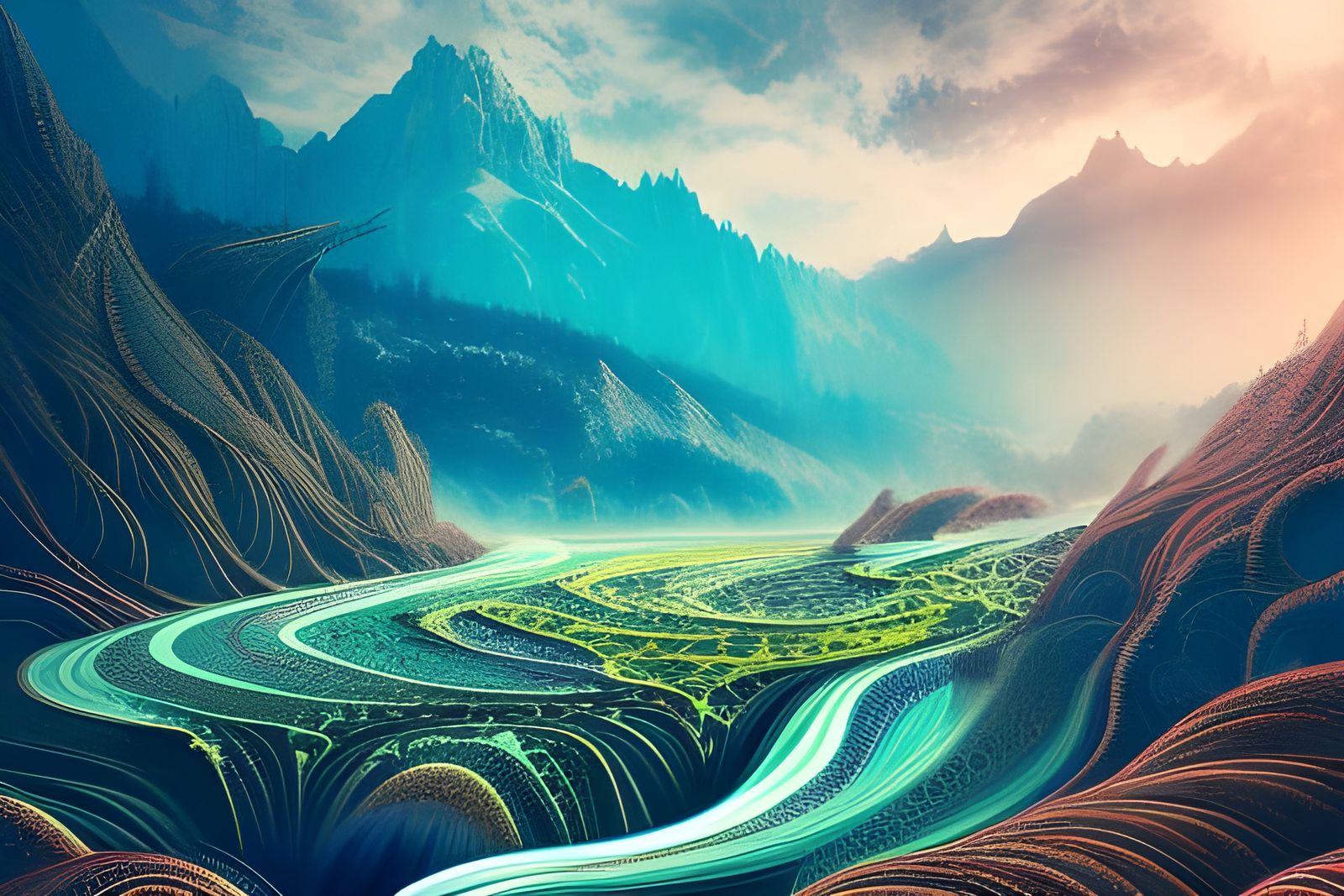 Psychedelic Waterfall in Mountain Landscape