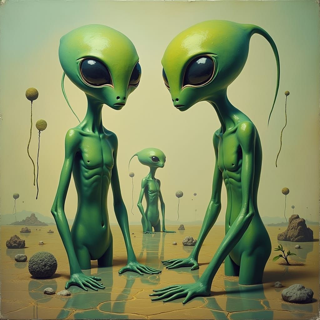 Green Aliens in a Surreal Dreamscape, Oil Paint Textures