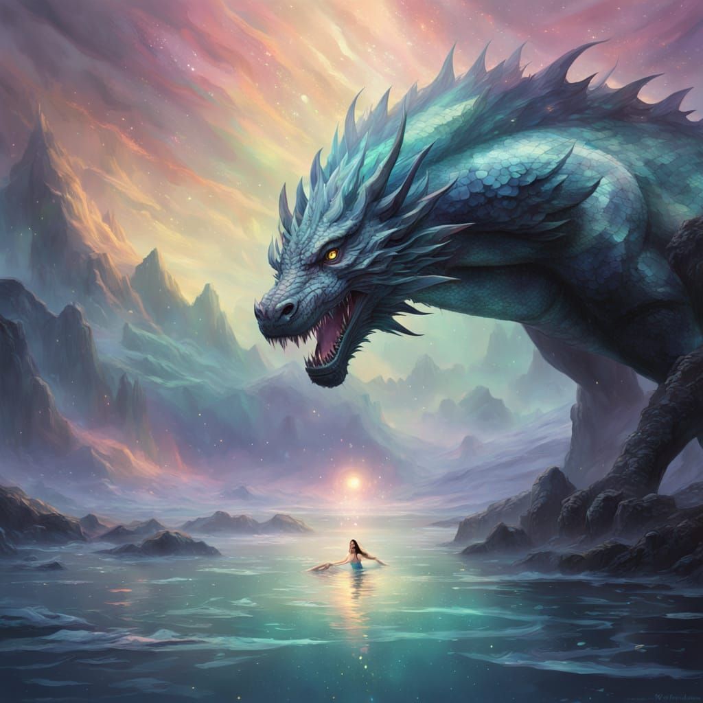 Ethereal Fantasy Art of a Merman and Dragon