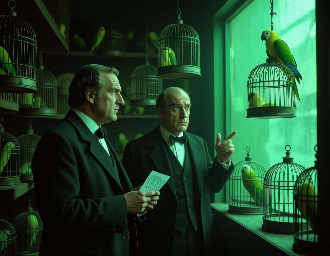 Monty Python Duo in Victorian Pet Shop with Dead Parrots