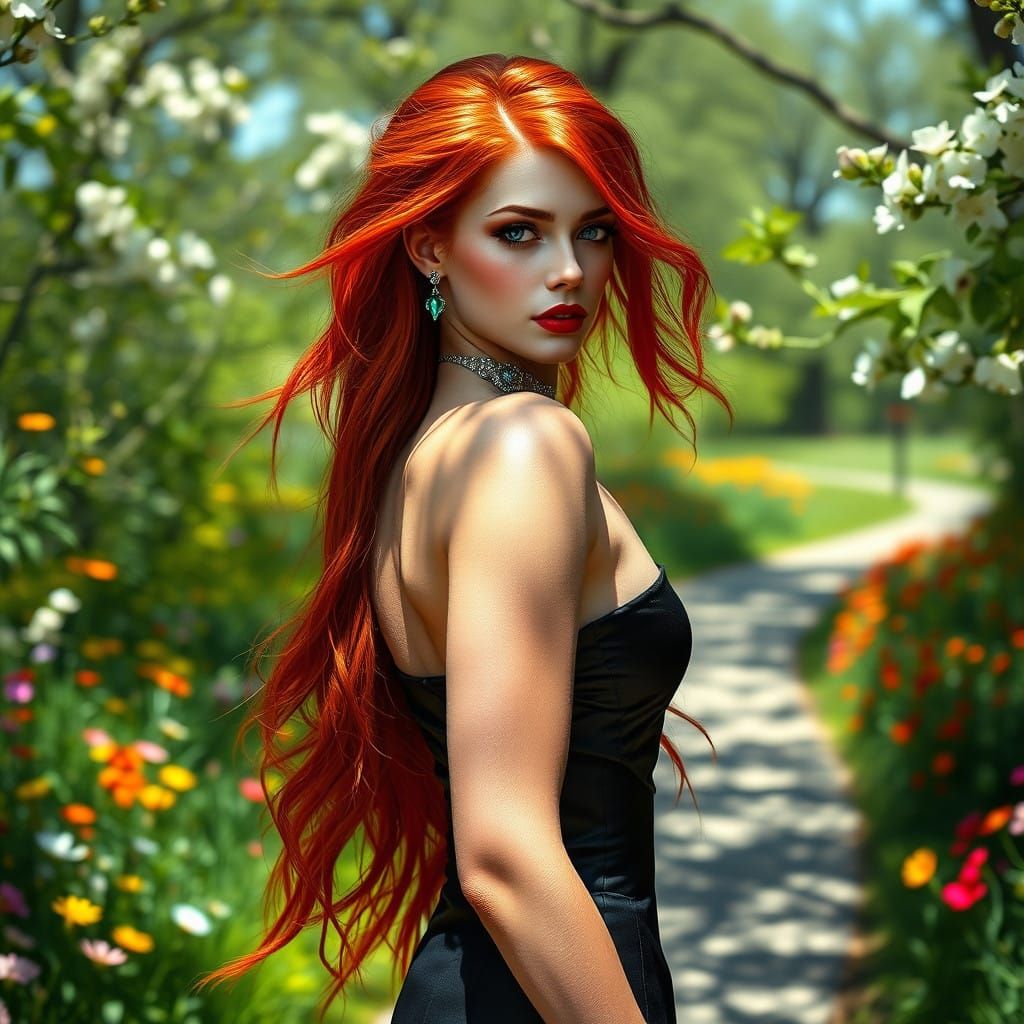 Elegant Red-Haired Goddess in Lush Park Landscape