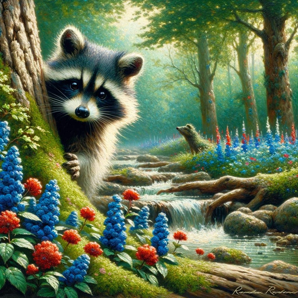Raccoon Peering Out from Behind a Tree in a Whimsical Oil Pa...
