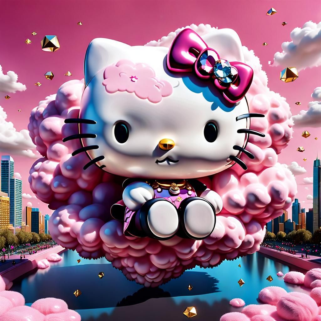 Hello Kitty on Pink Cloud in Pop Art Style