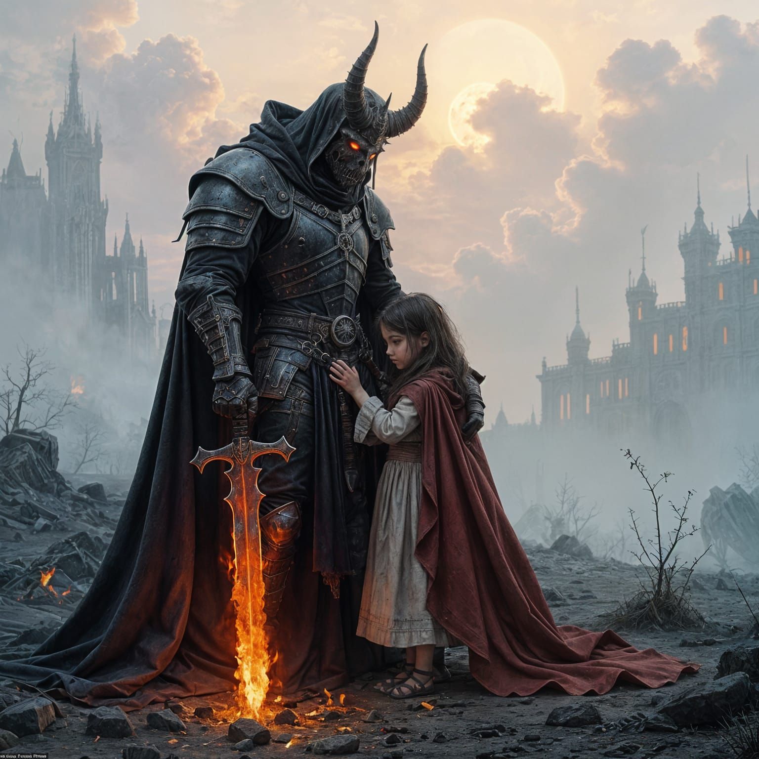 Demon Protector on Hellish Wasteland in Fantasy Style