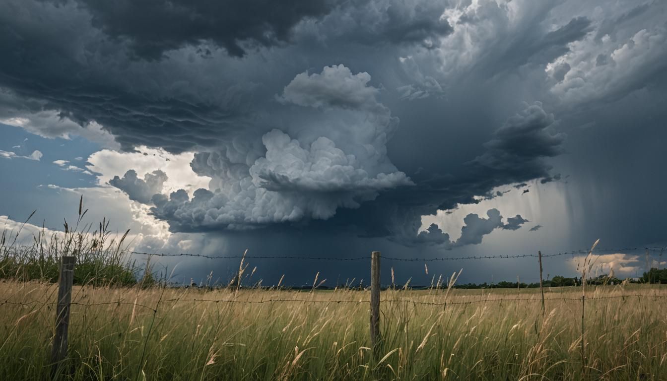 Dramatic Storm Clouds over Barbed Wire Fence