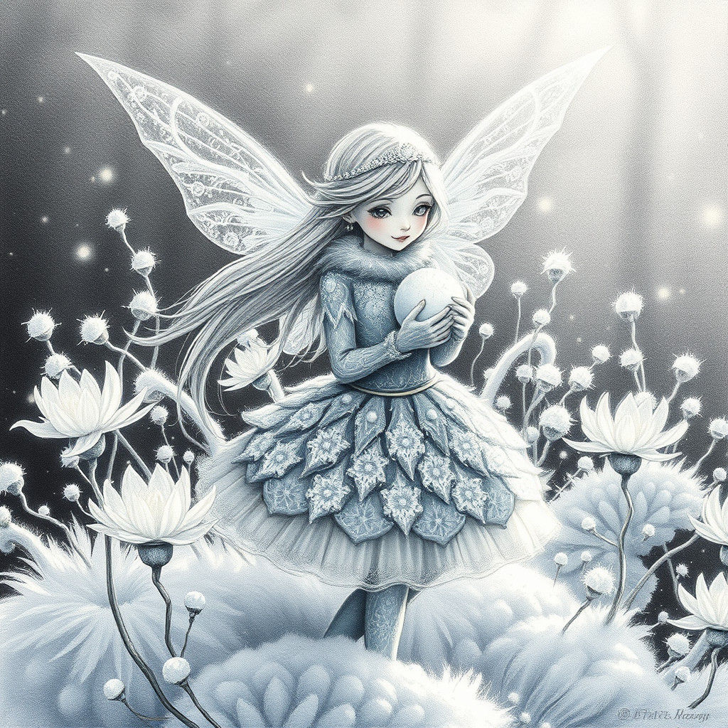 Winter Fairy with Snowball in Charcoal Drawing