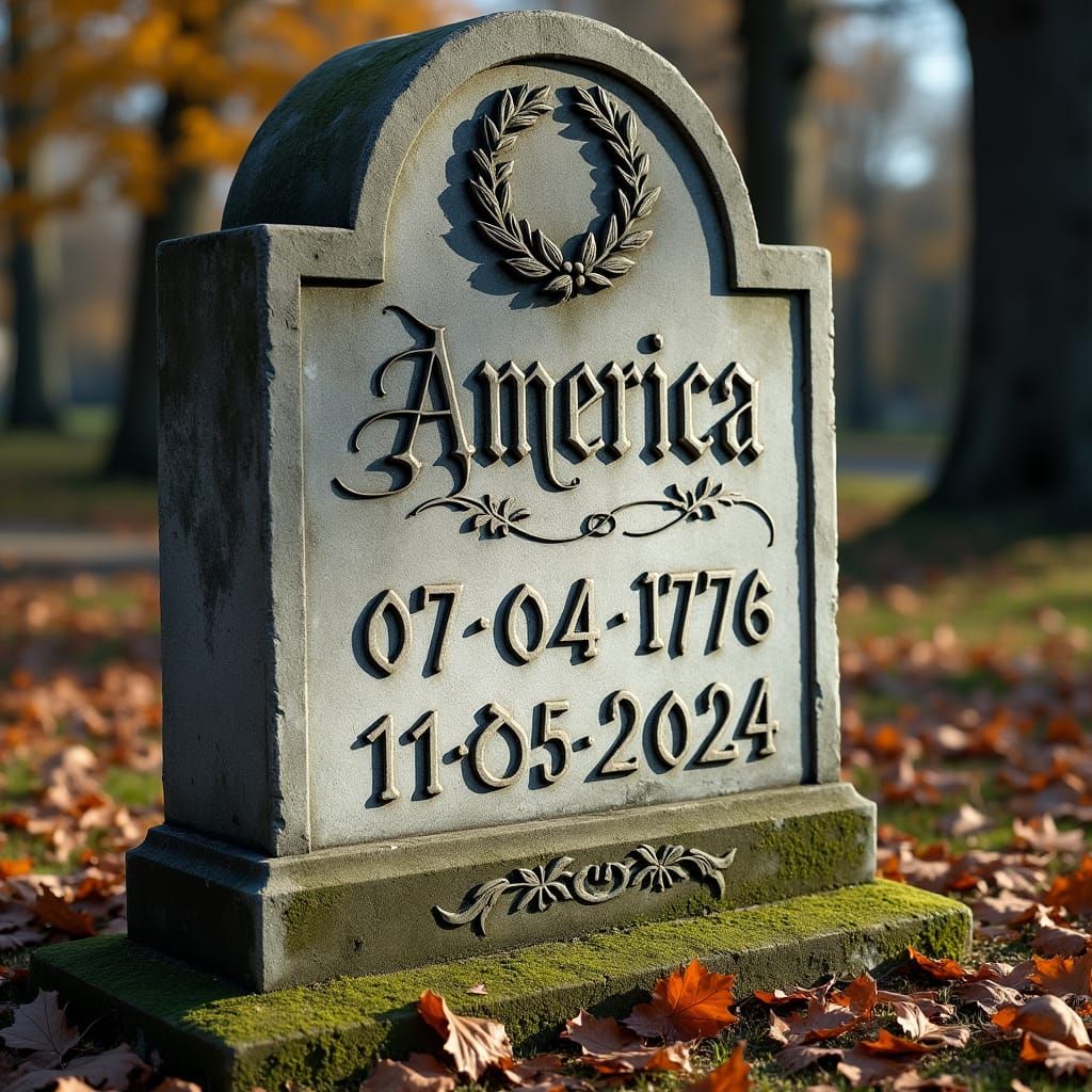 Neoclassical Tombstone Engraved with 'America' in Autumn