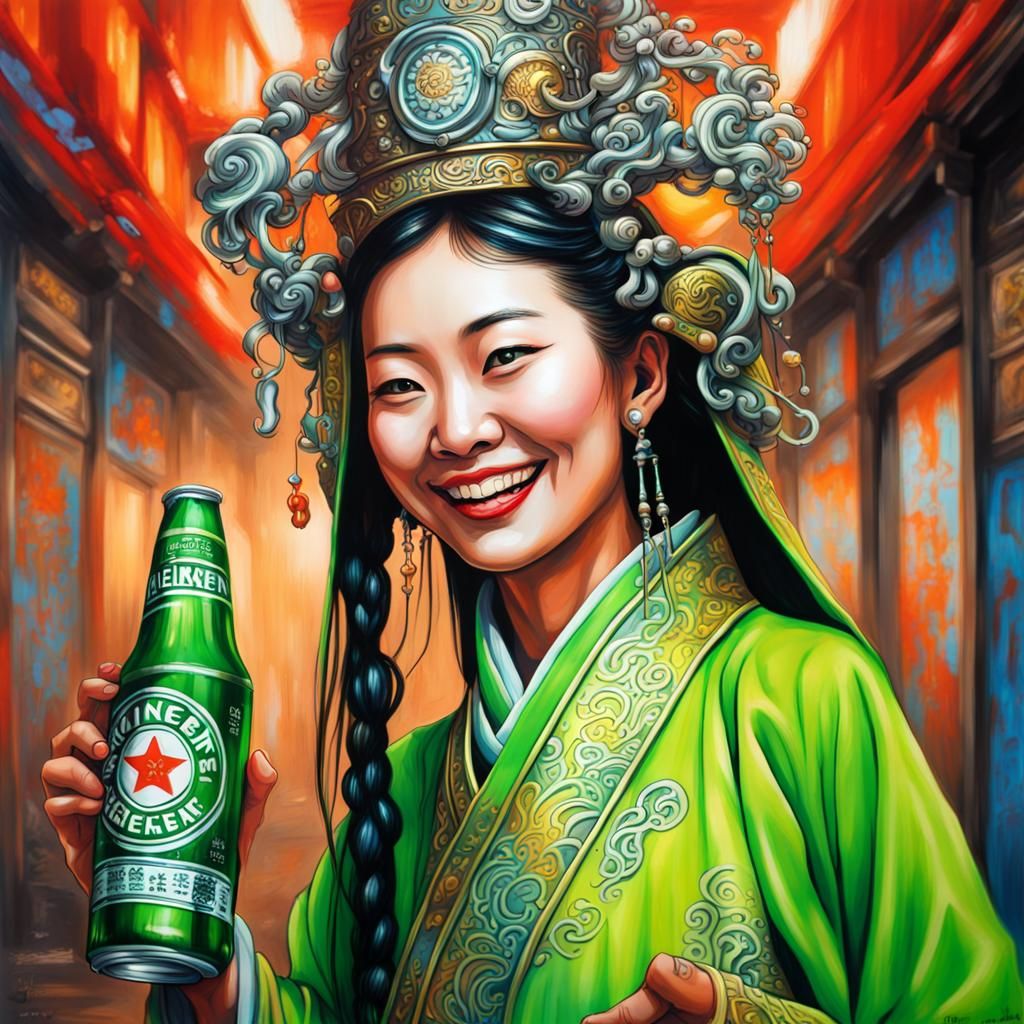 Chinese Lady Drinks Beer in Graffiti Street Art