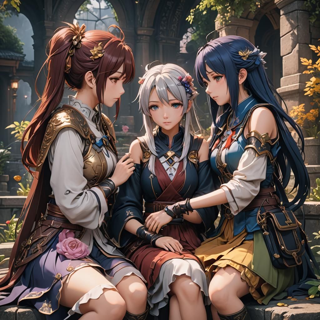 Anime Girls Comforting Each Other: Detailed Matte Painting