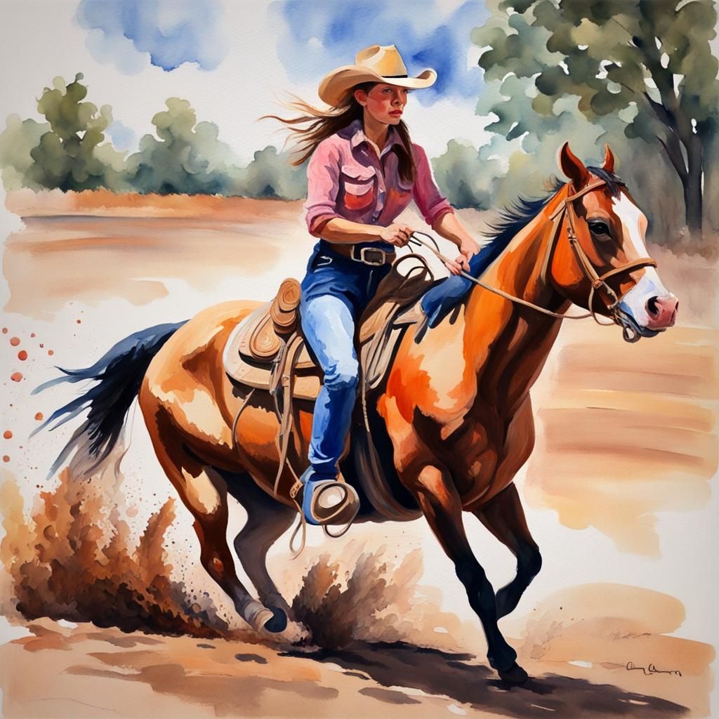 Cowgirl Barrel Racing as Gouache Impressionist Painting