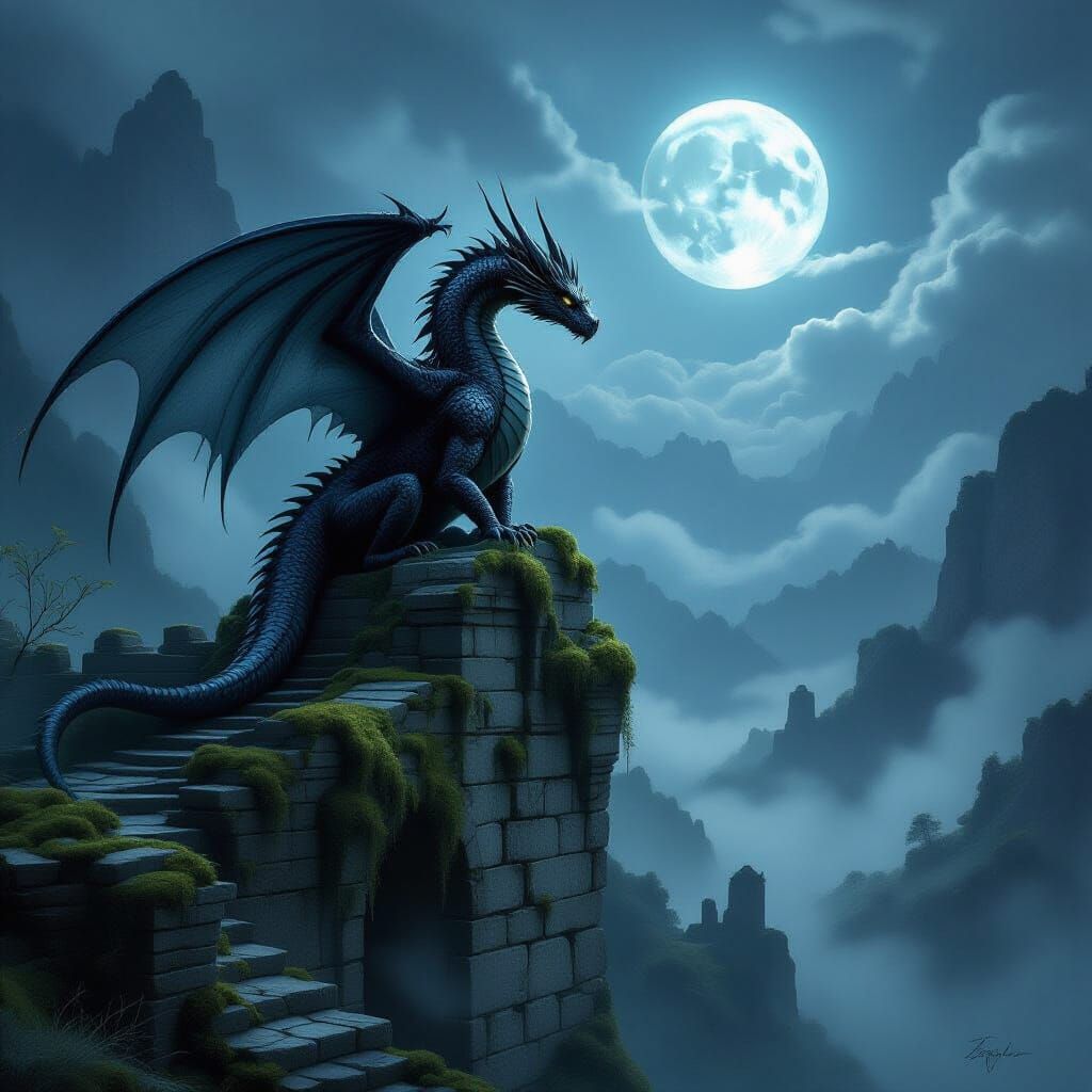 Ancient Obsidian Dragon on Ruin Under Ethereal Moonlight