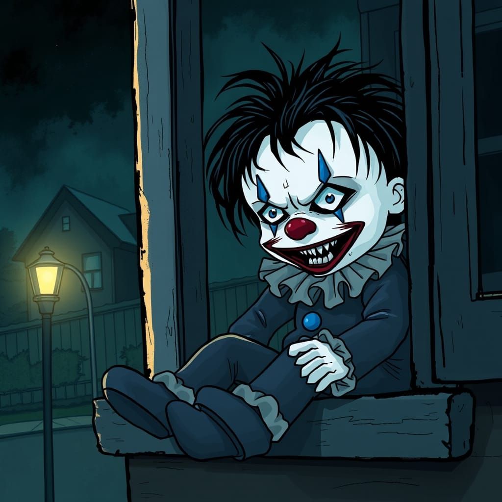 Menacing Clown Rag Doll on Windowsill at Night